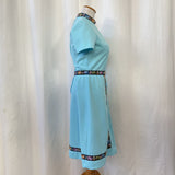 Vintage 1970's Young Moments Pale Blue Knit Dress with Ribbon Trim Small