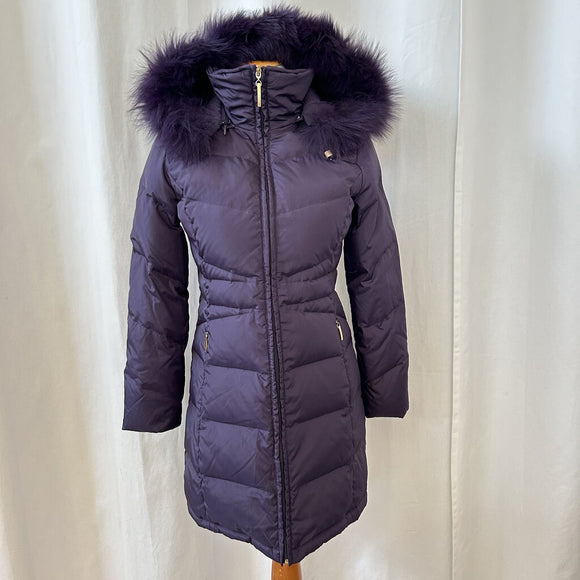 Women's Ellen Tracy Purple Puffer Coat Faux Fur Trim Petite Small