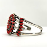 Native American Red Coral Cluster Cuff Bracelet Sterling Silver 32g