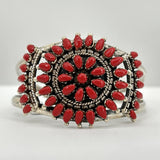 Native American Red Coral Cluster Cuff Bracelet Sterling Silver 32g