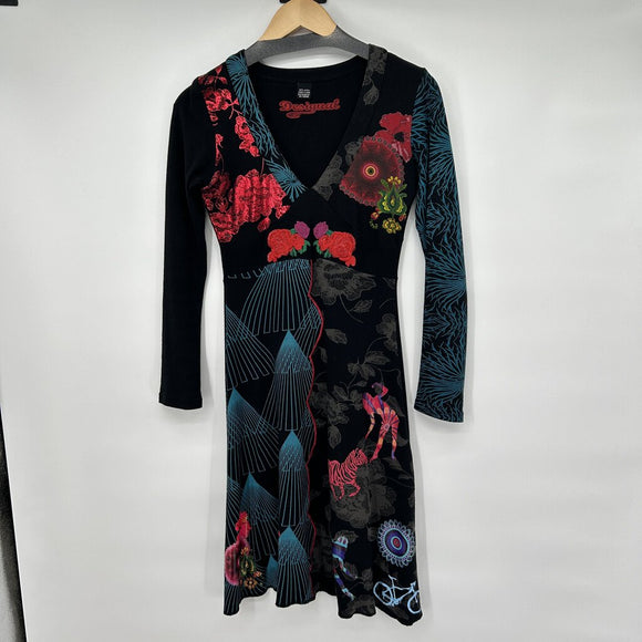 Desigual Long Sleeve Embroidered Print Knit Dress Black Small