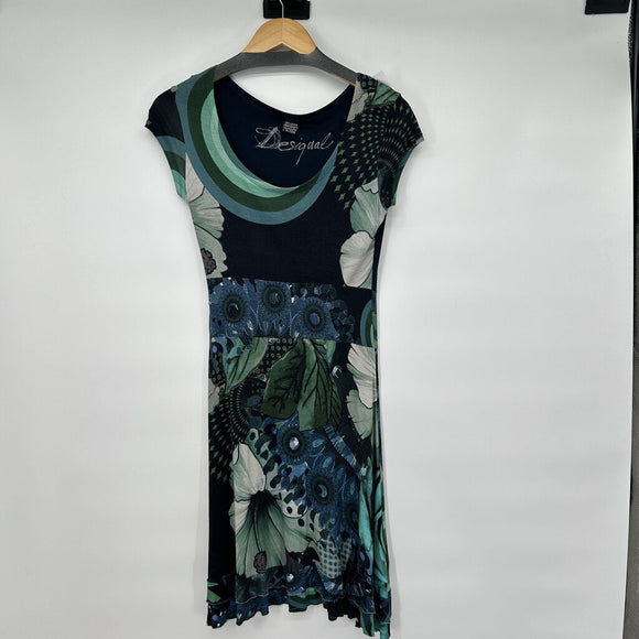 Desigual Floral Knit Dress Black Green Blue Small