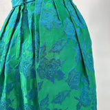 1950's Vintage Brocade Party Dress Green with Blue Roses Women's Size 9