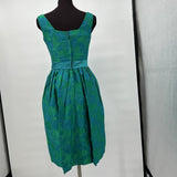 1950's Vintage Brocade Party Dress Green with Blue Roses Women's Size 9